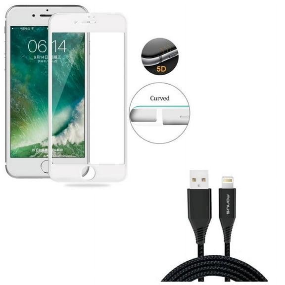 iPhone 8/7/6S/6 - Charger Cord 10ft USB Cable w Tempered Glass Screen Protector - Power Wire Braided Long Sync, 5D Touch Curved Edge Full Cover Bubble Free Case Friendly for iPhone 8/7/6S/6