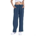 thumbnail image 2 of HOWPAY Womens Linen Pants Solid Color Relaxed Fit Wide Leg Drawstring Elastic Waist Trousers with Pockets Casual Summer Comfy Soft Baggy Pant Navy L, 2 of 6