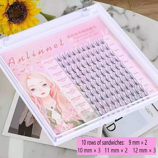 Anlinnet-cola de pez + cabello mezclado tipo A, cinco filas, pestañas postizas naturales mezcladas, autoinjerto, pestañas de racimo único