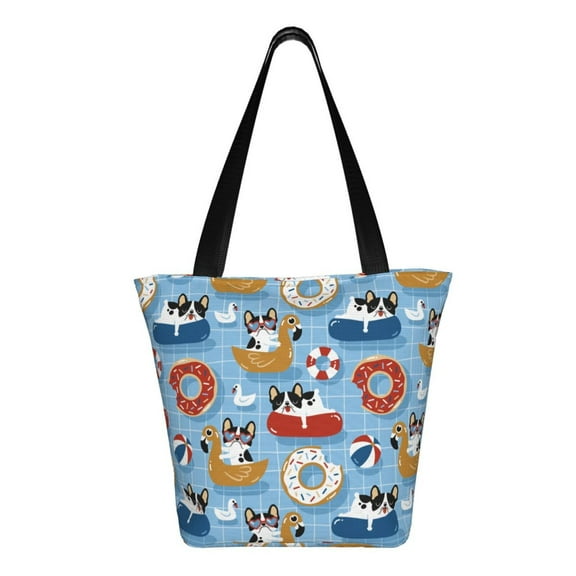 Uemuo Dogs With Pool Floats Print Tote Bags for Women,Large Capacity Corduroy Bag,Reusable Grocery Shoulder Bag,Beach Tote with Zipper Closure, Daily Essentials