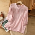 thumbnail image 2 of Dazajoo Women's Cotton Linen Button Short Sleeve Shirts Summer Loose Crew Neck Casual Boho Top Vintage Embroidered Blouse Tops,Pink,XXL, 2 of 9