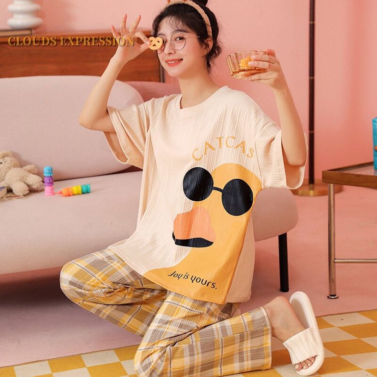 QWZNDZGR Summer Two Piece Sleepwear Cartoon Duck Printting Short-sleeved  Men's Pjamas Sets Long Pants Sleep Loungewear Pijamas Homewear 