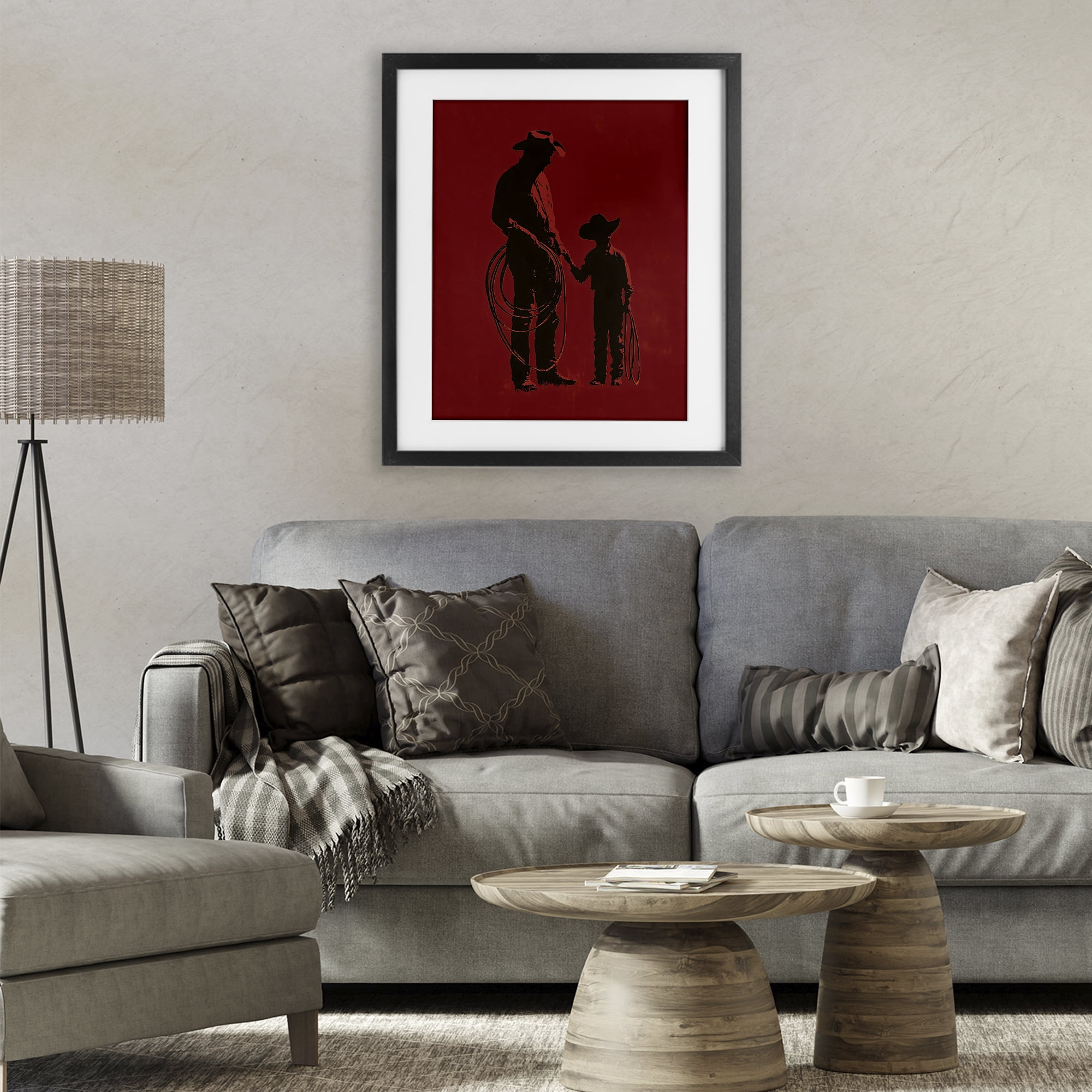 Burgundy Cowboy Father & Son Black Framed Print Under Glass, design by Arlington Prints