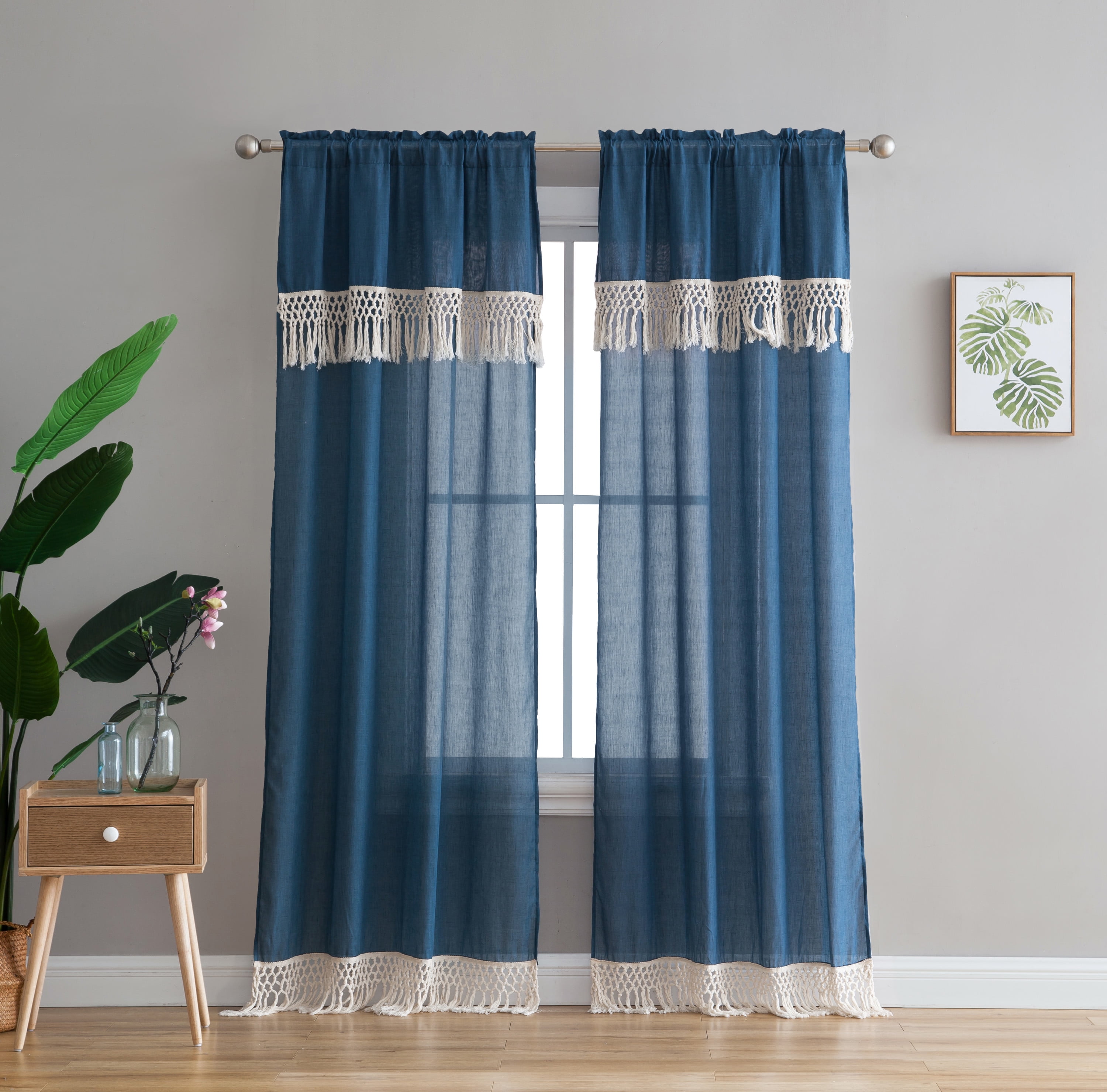Peach & Oak Single Curtain Panel, Lydia, Blue with Fringe, 84 inch
