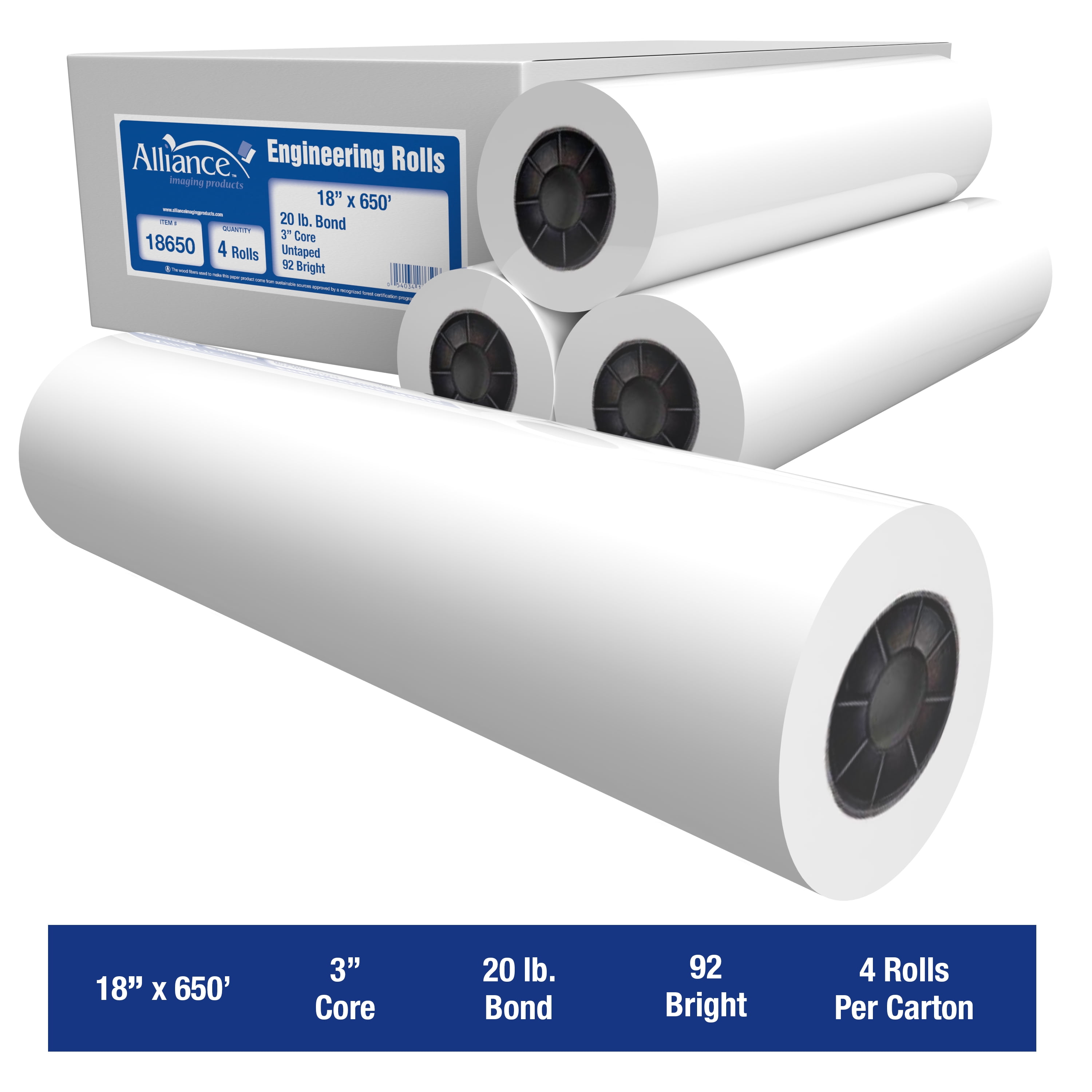 Alliance Wide Format Paper 18" x 650' Bond Engineering 20lb | 92 Bright | 4 Rolls | 3" Core