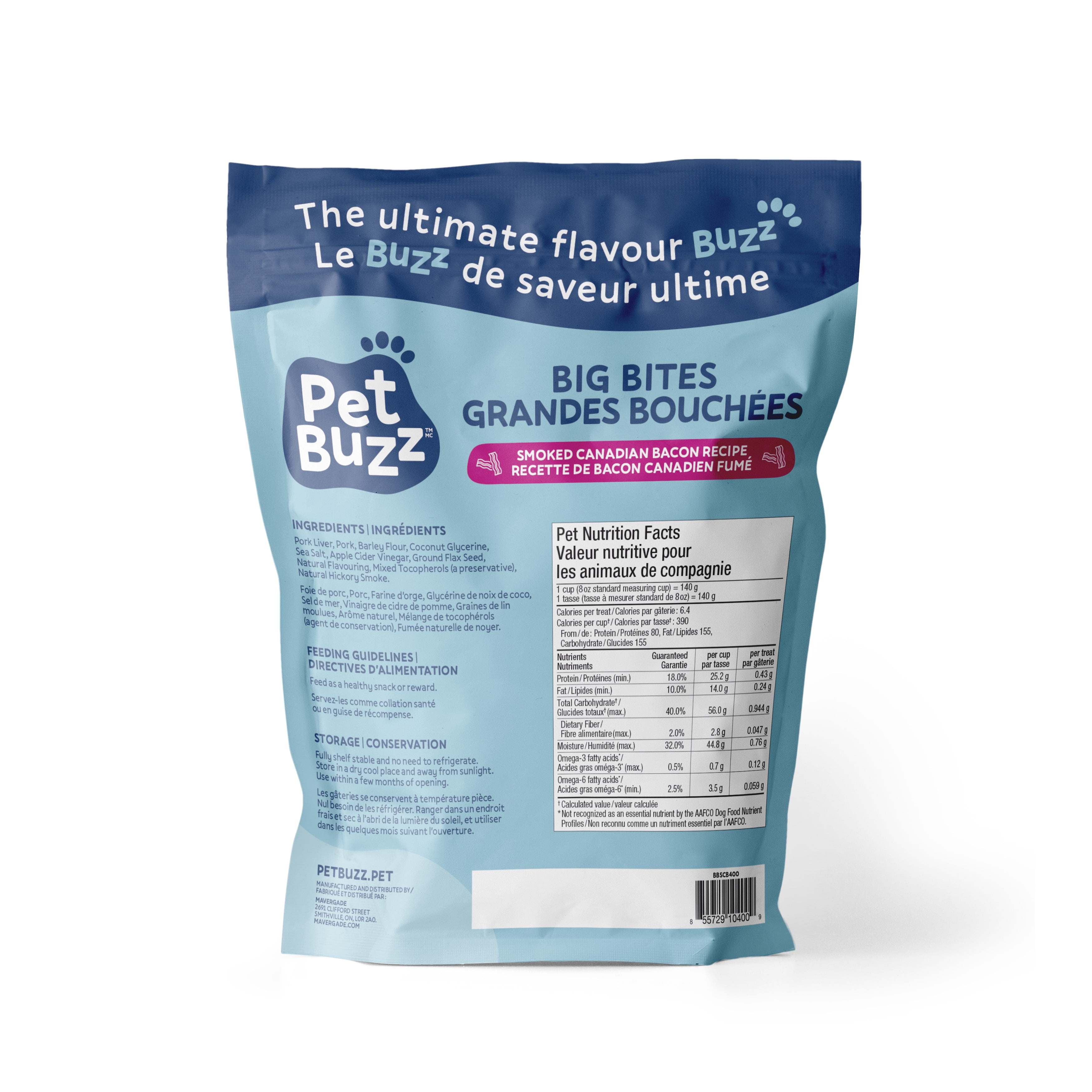 Pet Buzz Big Bites All-Natural Dog Treats, Soft & Chewy, Smoked Canadian Bacon Dog Recipe, Available in 150g, 400g and 800g Bag, Made in Canada