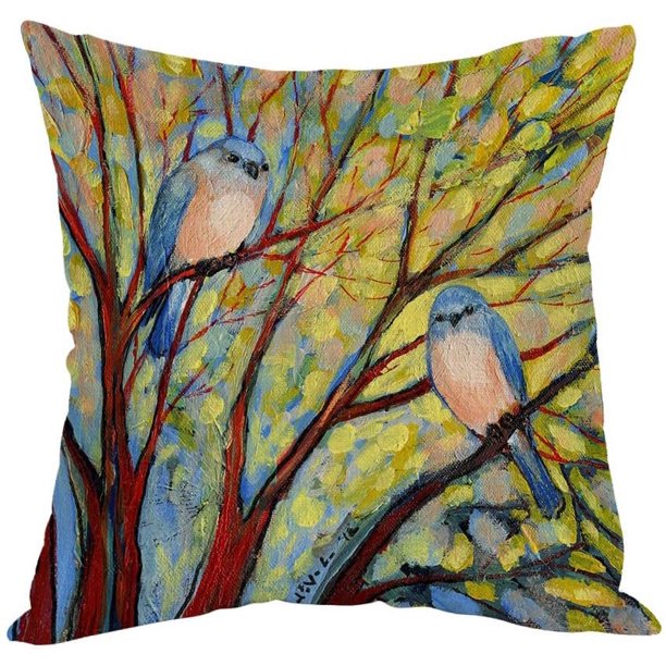 Almohadas con pintura de pájaros, fundas de almohada para decoración del hogar, dos pájaros en el árbol, cojín de algodón y lino para sofá/sofá/dormitorio/sala de estar/cocina/automóvil,
