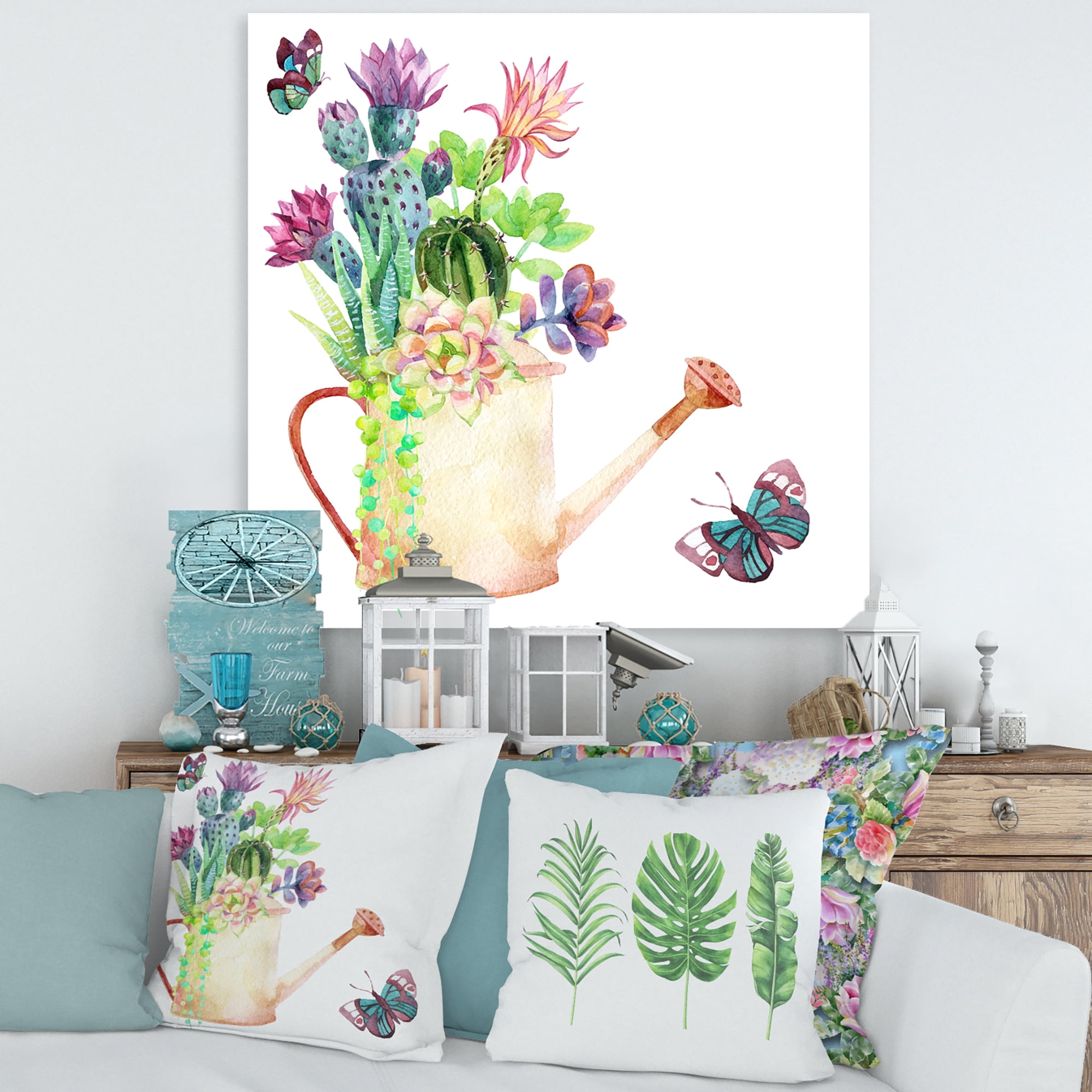 Designart ' Succulents In Old Watering Can With Butterfly ' Farmhouse Canvas Wall Art Print