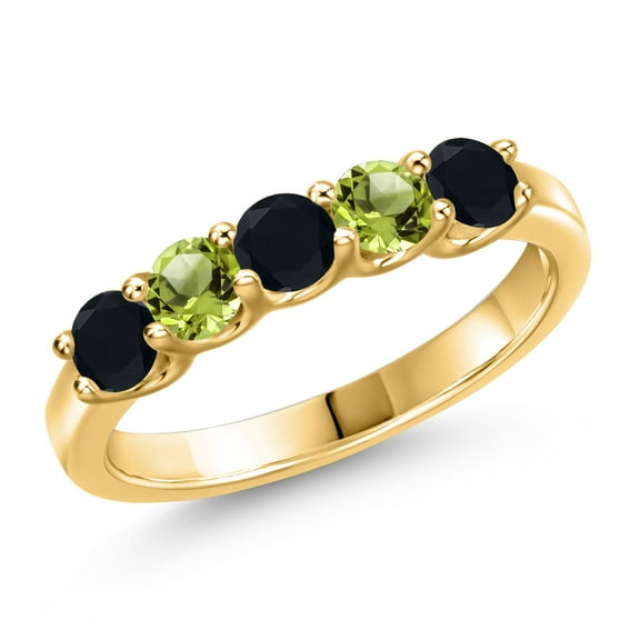 Gem Stone King 18K Yellow Gold Plated Silver Black Onyx and Green Peridot Wedding-Bands Ring for Women | 0.80 Cttw | Round 3.5MM | Gemstone December Birthstone | Size 7