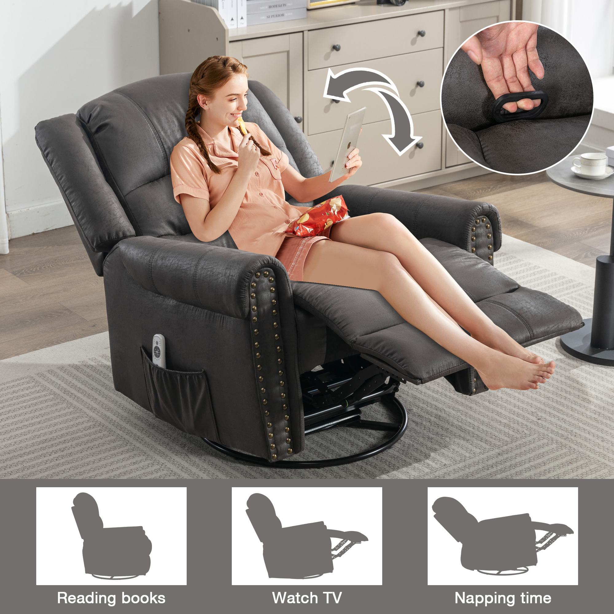 DEALTOPS Oversized Manual Recliner Heating massage Chair with USB Port and Rocking for Living Room, Leather, Gray