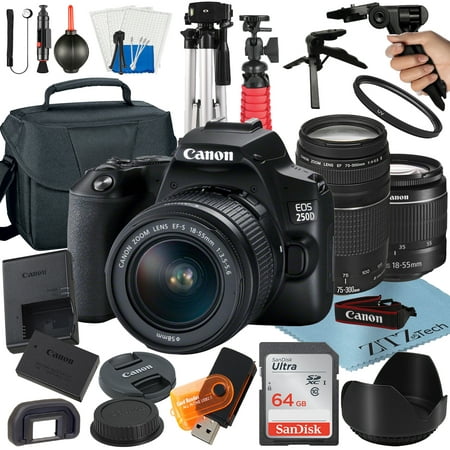 Image of Canon EOS 250D / Rebel SL3 DSLR Camera Bundle with 18-55mm + 75-300mm Lens + 64GB SanDisk Card + Case + Tripod + ZeeTech Accessory