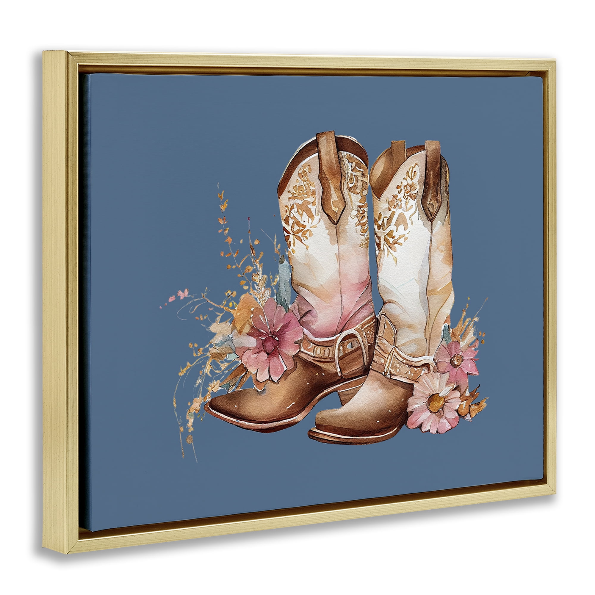 Stupell Industries Cowboy Boots & Wildflowers Plants & Flowers Painting Gold Floater Framed Canvas Art Print Wall Art, 31 x 25