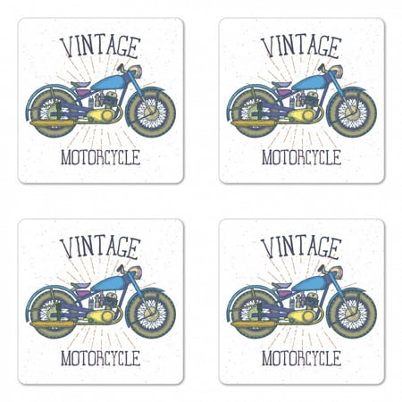

Motorcycle Coaster Set of 4 Colorful Vintage Bike with Starburst Dashed Lines and Grunge Effect Hand Drawn Square Hardboard Gloss Coasters Standard Size Multicolor by Ambesonne