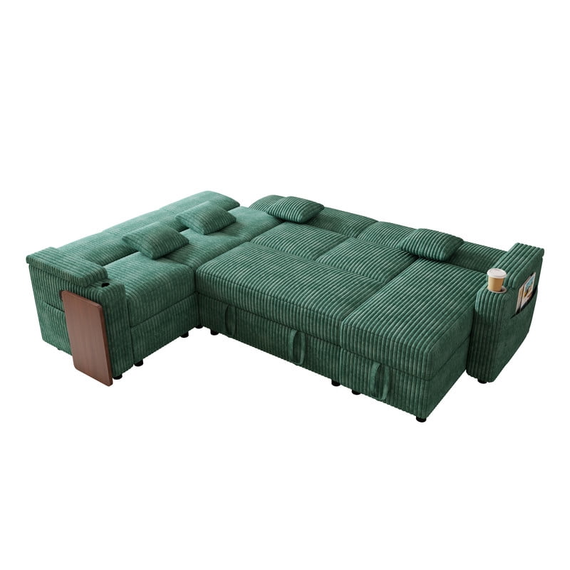 100" U-Shaped Sleeper Sofa with Pull-Out Bed, USB Charging Ports, Cup Holder, Flip-Top Table, Storage Chaise, Corduroy Sectional Couch for Living Room, Apartment & Guest Room