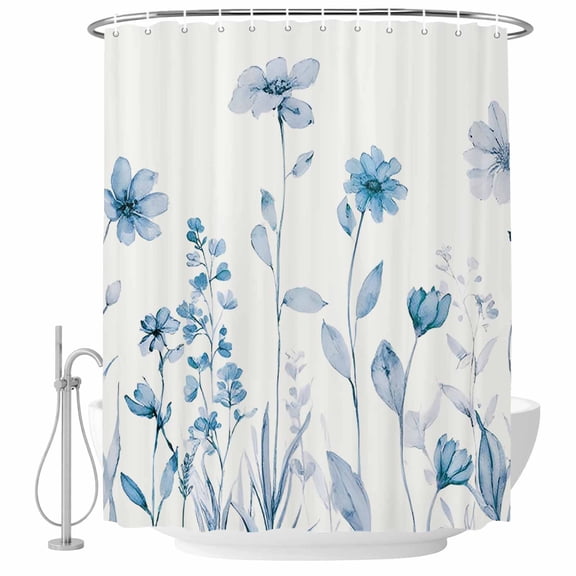 Blue Spring Floral Shower Curtain, Waterproof Shower Curtains for Bathroom, Summer Flowers Botanical Elegant Washable Fabric Bathtub Curtain Set Bath Decor with 12 Hooks 72"x78"