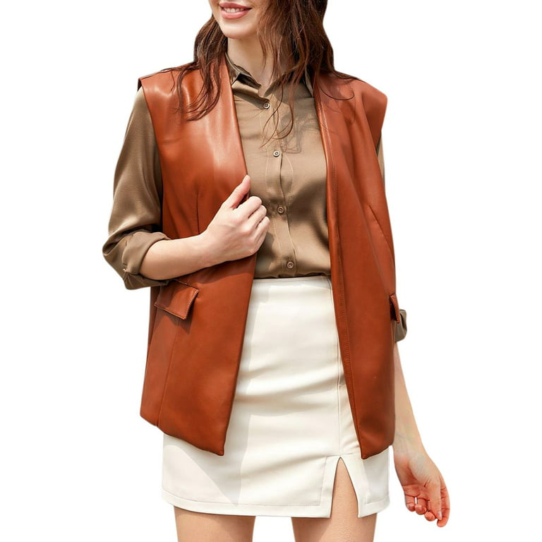 JDEFEG Winter Clothes Woman Leather Vest for Women Long Lapel Sleeveless  Drape Open Front Pu Cardigan Womens Swing Winter Coat Polyester Brown M 