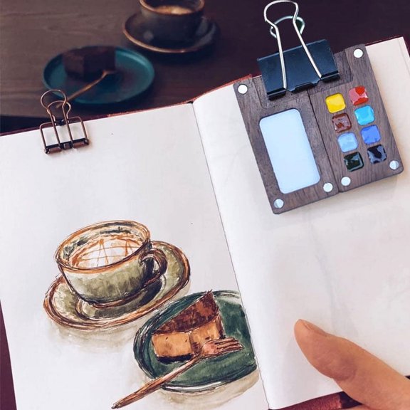 COM1950s Water Color Paint Set Travel Watercolor Set Portable Mini Walnut Wood Watercolor 8 Grids Detachable Watercolor Paint with Metal Clip Unique Gifts for Artists