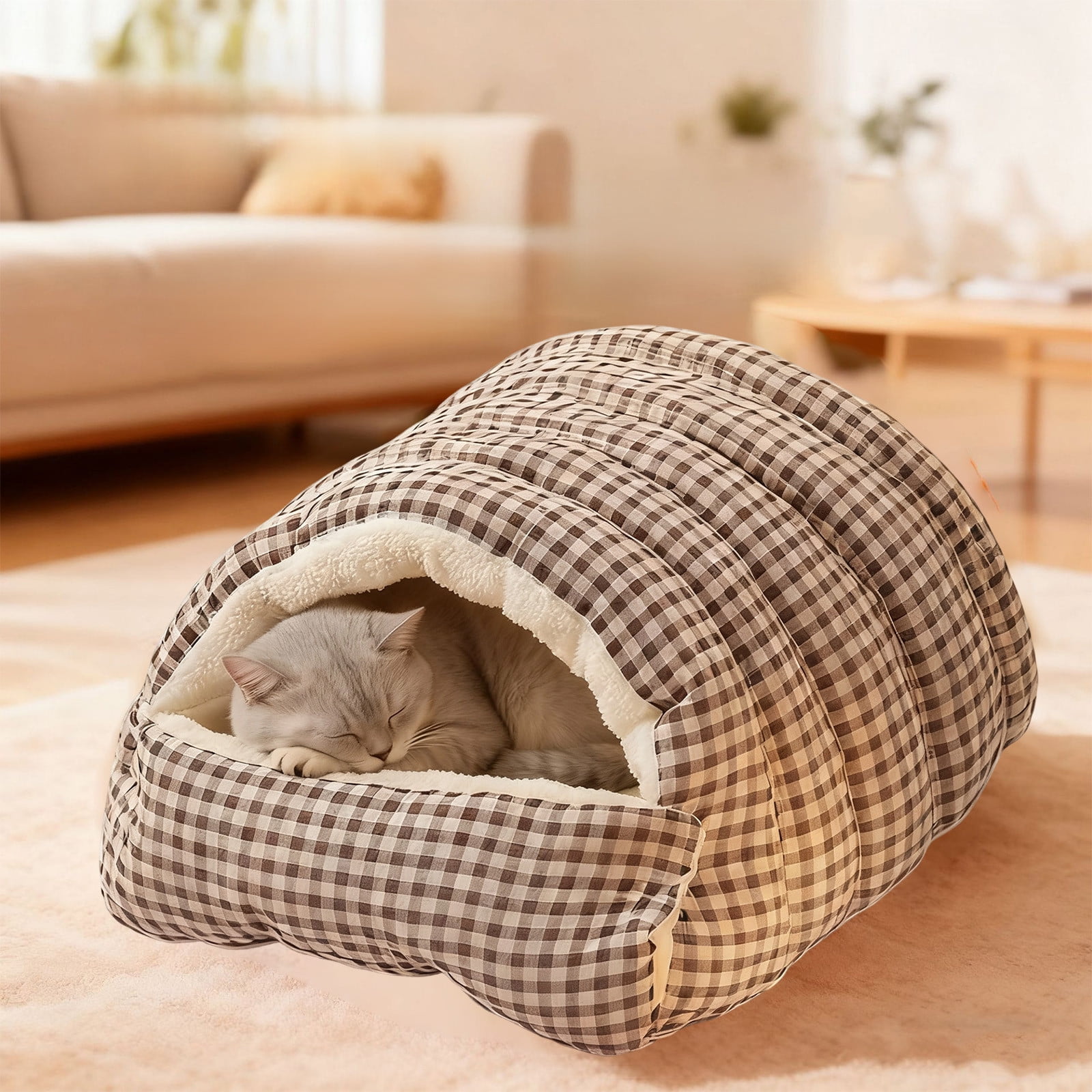 2 In 1 Hooded Pet Bed for Small Dogs & Cats, Winter Plush Calming Dog & Cat Cave bed for Indoor Outdoor, Wear-resistant Removable Washable Dog & Cat House with Non-Slip Bottom，Plaid