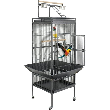 61 Inch Large Bird Cage with Wrought Iron Play Top – Parrot & Cockatiel Aviary with Rolling Stand for Sun Parakeet, Quaker, Conure, Lovebird, Budgie, Finch, African Grey (Black)