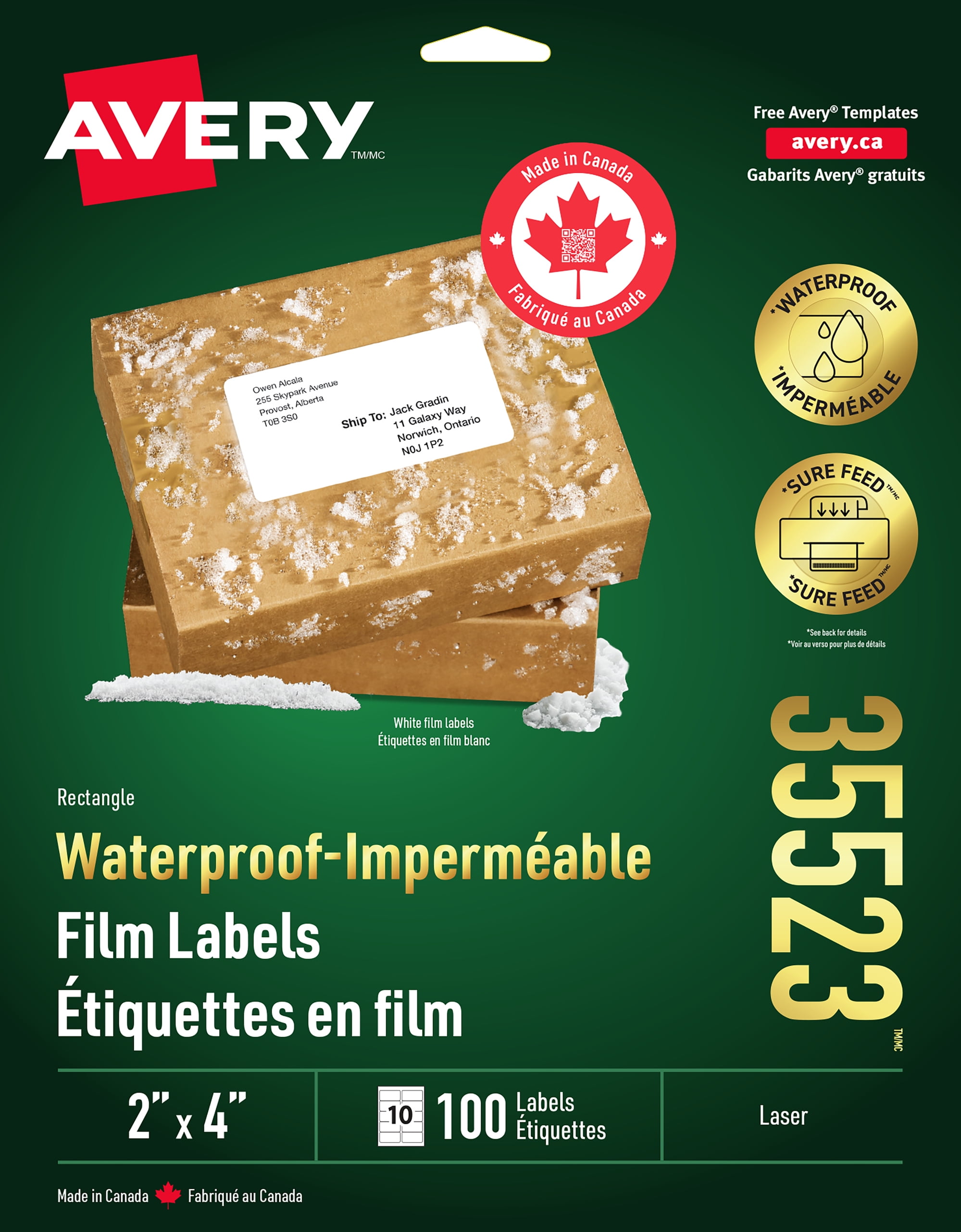 Avery Étiquettes imperméables, 2" x 4", pour imprimantes laser - 35523