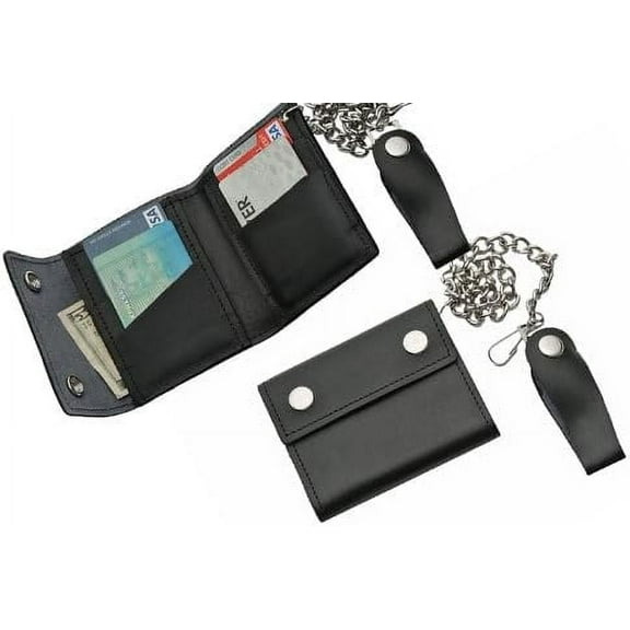 SZCO Supplies Medium Bi-Fold Biker Wallet – 4.25" x 3.75" Leather Wallet with 12" Chain, Snap Belt Loop, Black