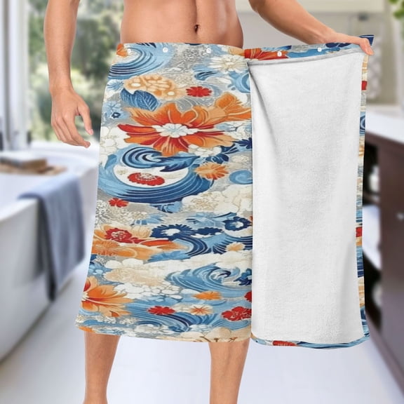 Japanese Floral Print 60x28" Men's Towel Wrap, Quick-Dry and and djustable for Bath or Sauna