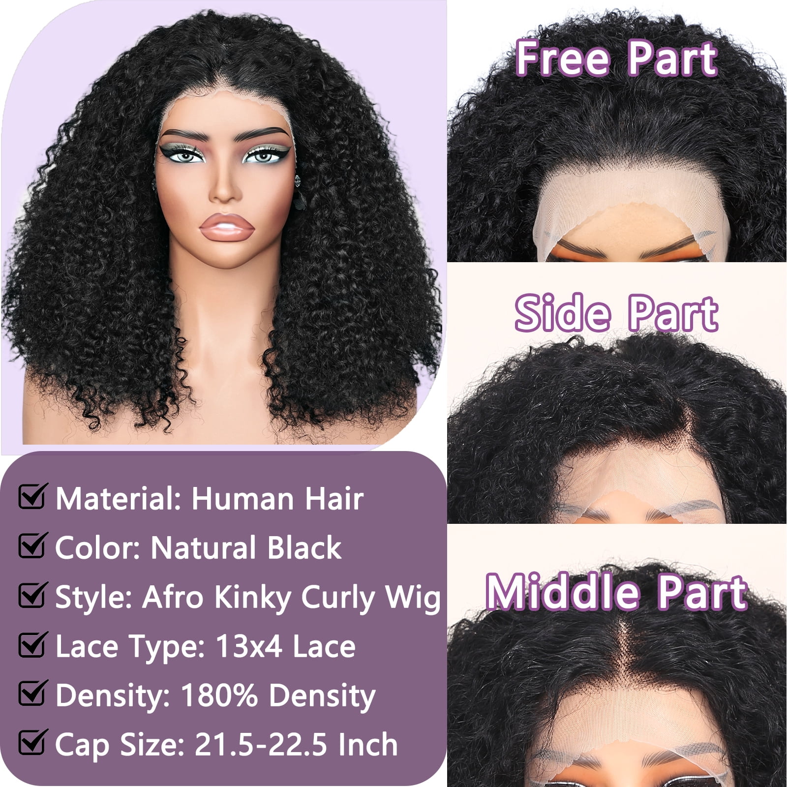 UREMY Kinkycurly Wig Human Hair 13x4 HD Lace Front Wigs Brazilian Virgin Human Hair Pre Plucked Curly Wigs for Black Women 180 Density Natural Color 18 Inch