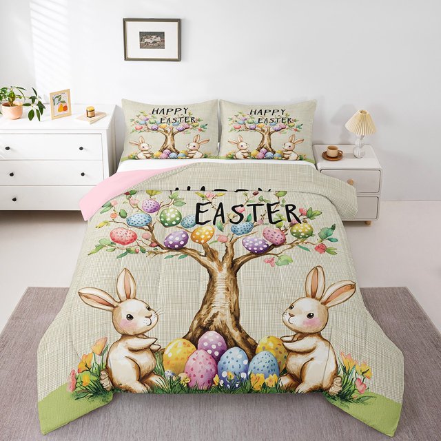 Erosebridal Happy Easter Bedding Todder Comforter Set for Boys Girls, Rabbit Colorful Eggs Down Comforter, Reversible 2 Pieces