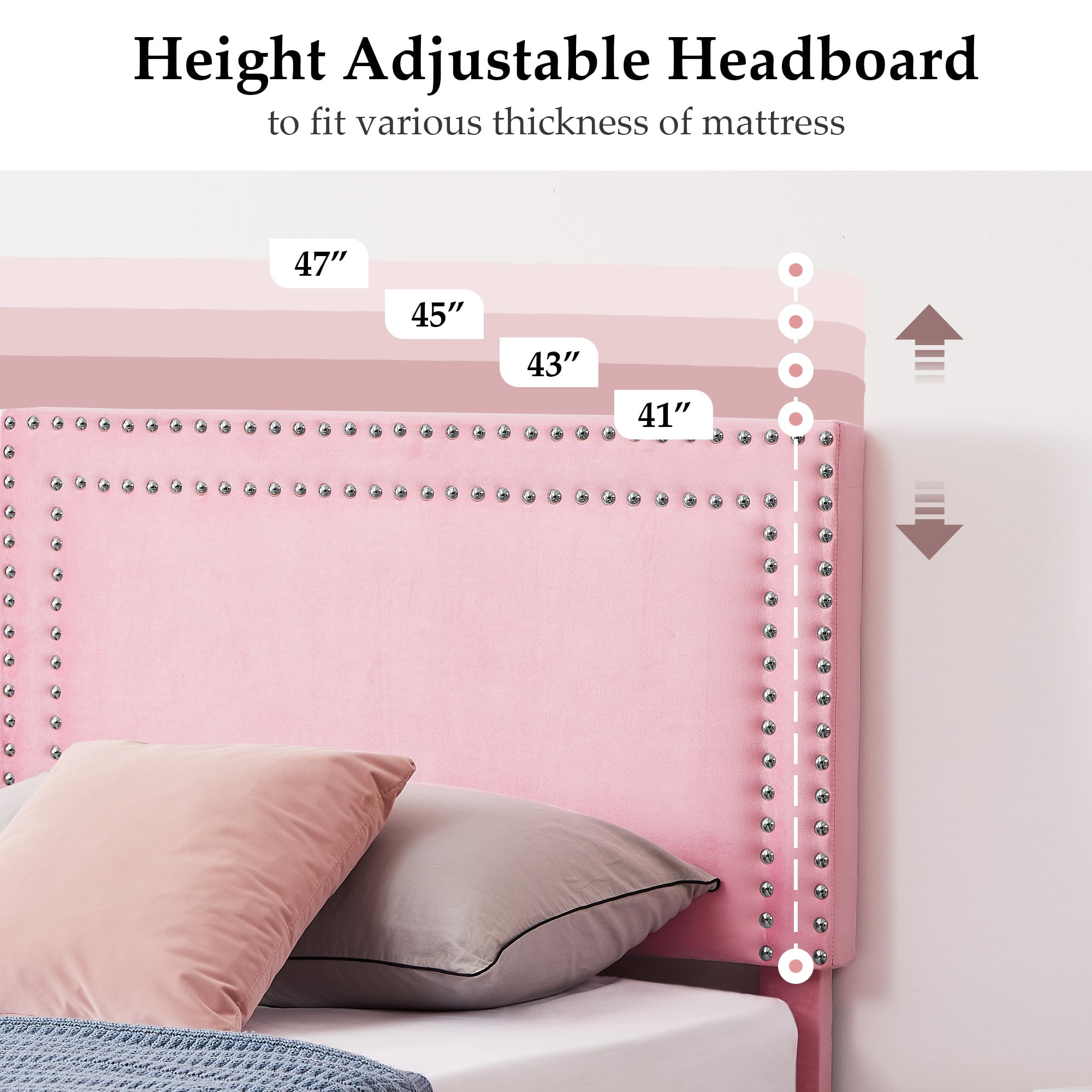 Katkuca Full Bed Frame, Upholstered Queen Size Platform Bed Frame with Adjustable Headboard, Strong Wood Slat Support, No Box Spring Needed, Pink