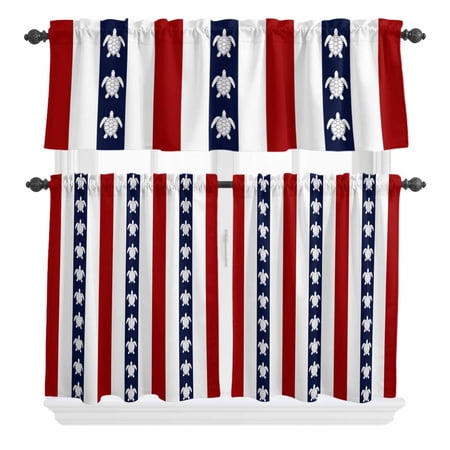 3 Piece Kitchen Curtains and Valances Set Coastal Turtle Cafe Curtains 24 Inch Length Red Stripe Black White Geometric Ocean Valance & Tier Curtain for Living Room Bedroom Window 54 x18 +27 x24 *2