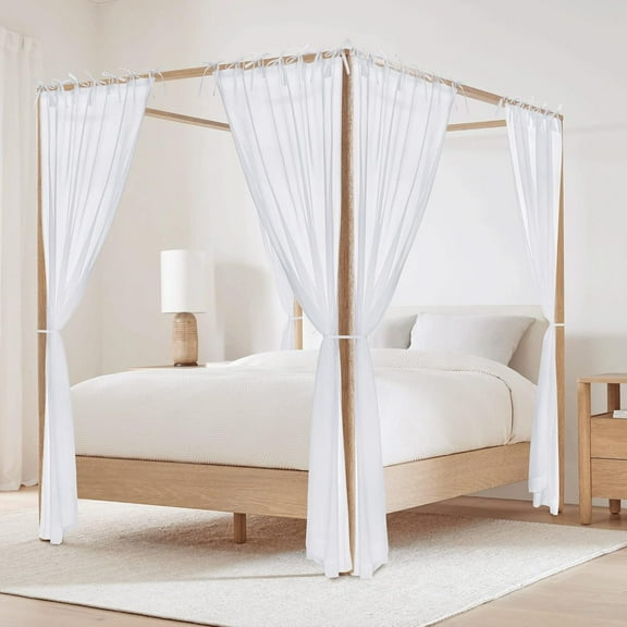 Canopy Bed Curtains with Tie Tops and Tie Backs, White Sheer for Twin Full Queen King Bed, 8 Panels, White, 45 inch Wide by 96 inch Long