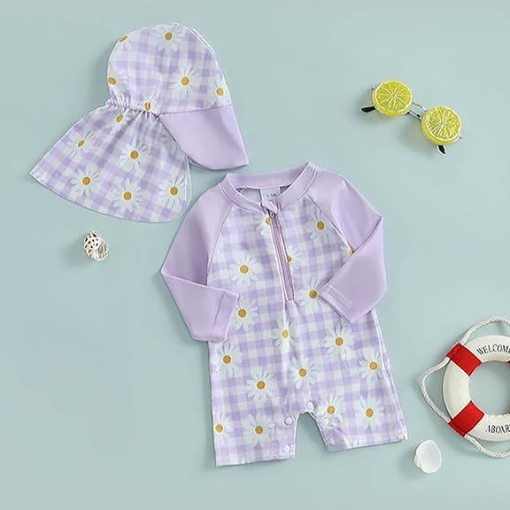 FASHOFT Baby Girl Swimsuit With Matching Sun Hat Floral Two Piece UPF 50  Rash Guard For Beach Pool Party Purple