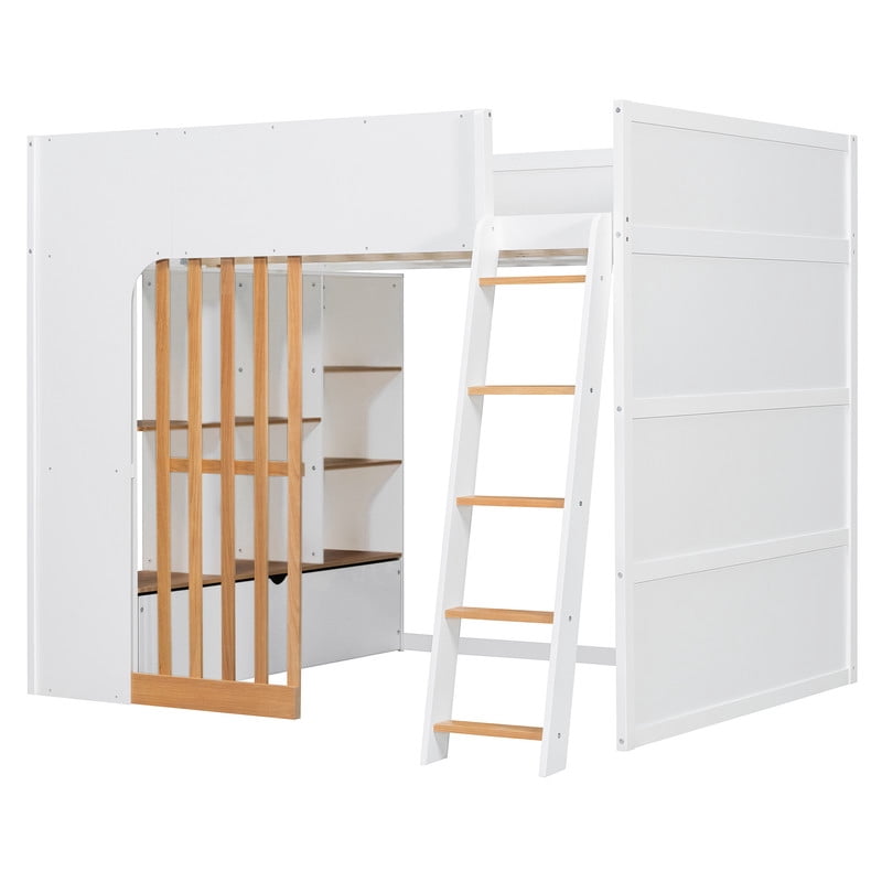 Full Size Kids Loft Bed with Shelves, Wooden High Profile Teens Storage Bed Frame with Ladder and Removable Large Drawer