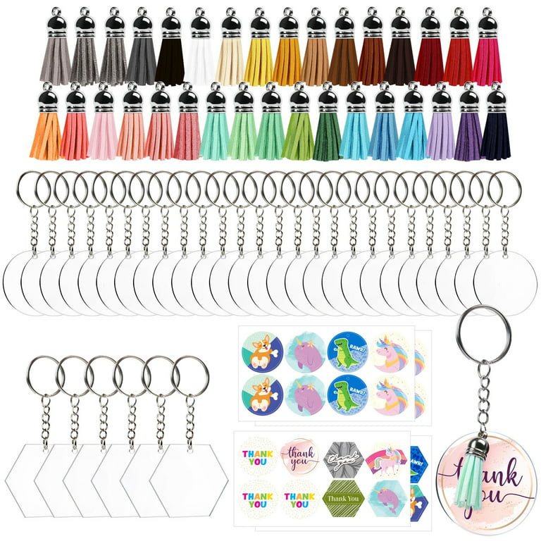 AUHOKY 126 Acrylic Keychain Blanks with Tassels Kit Bulk, Various Shapes Transparent Acrylic Key Chain Embryo Accessories, Snap Hooks Mini Ball Key