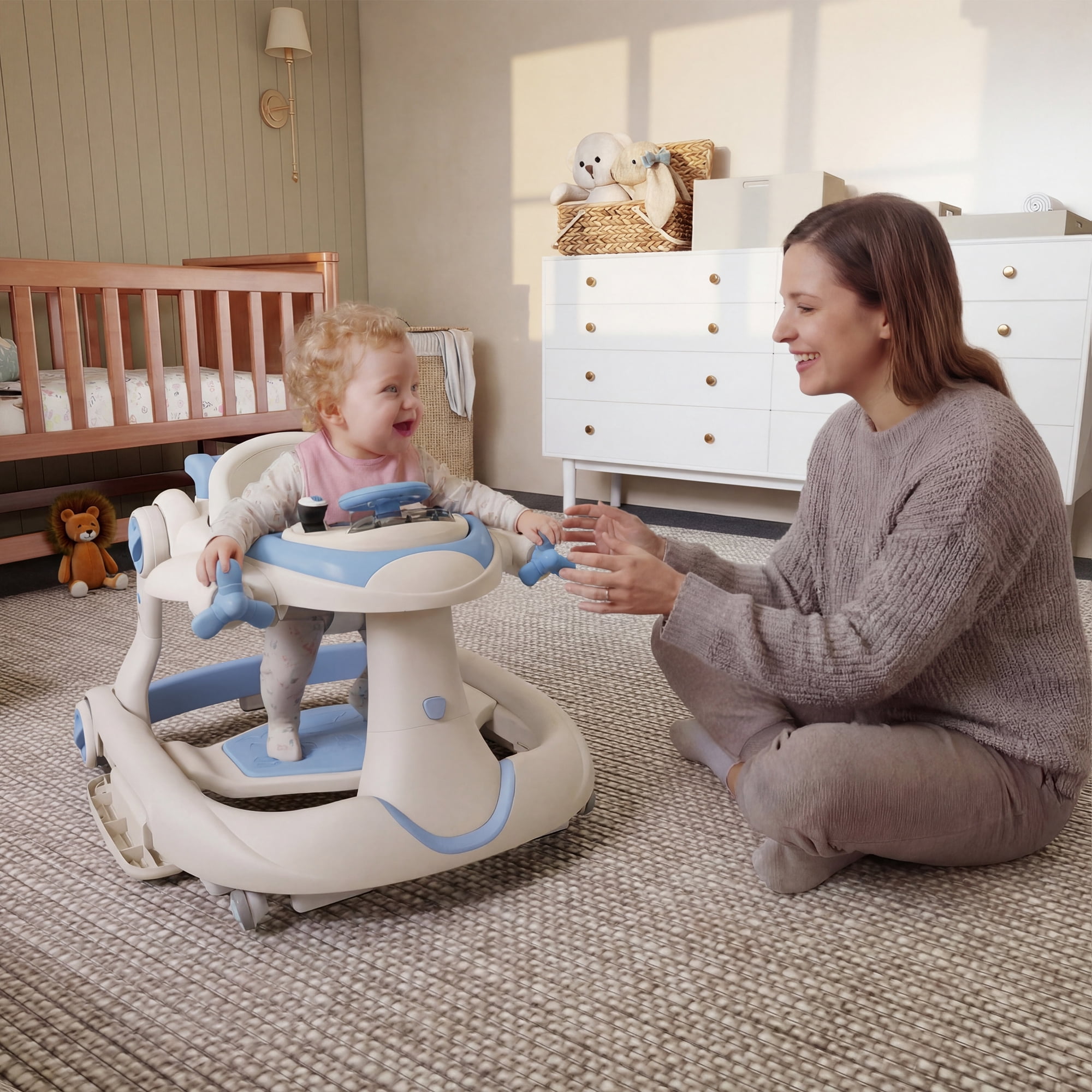 AILEEKISS 5-in-1 Musical Baby Walker with Wheels, Foldable Baby Walker for Boys Girls, Blue