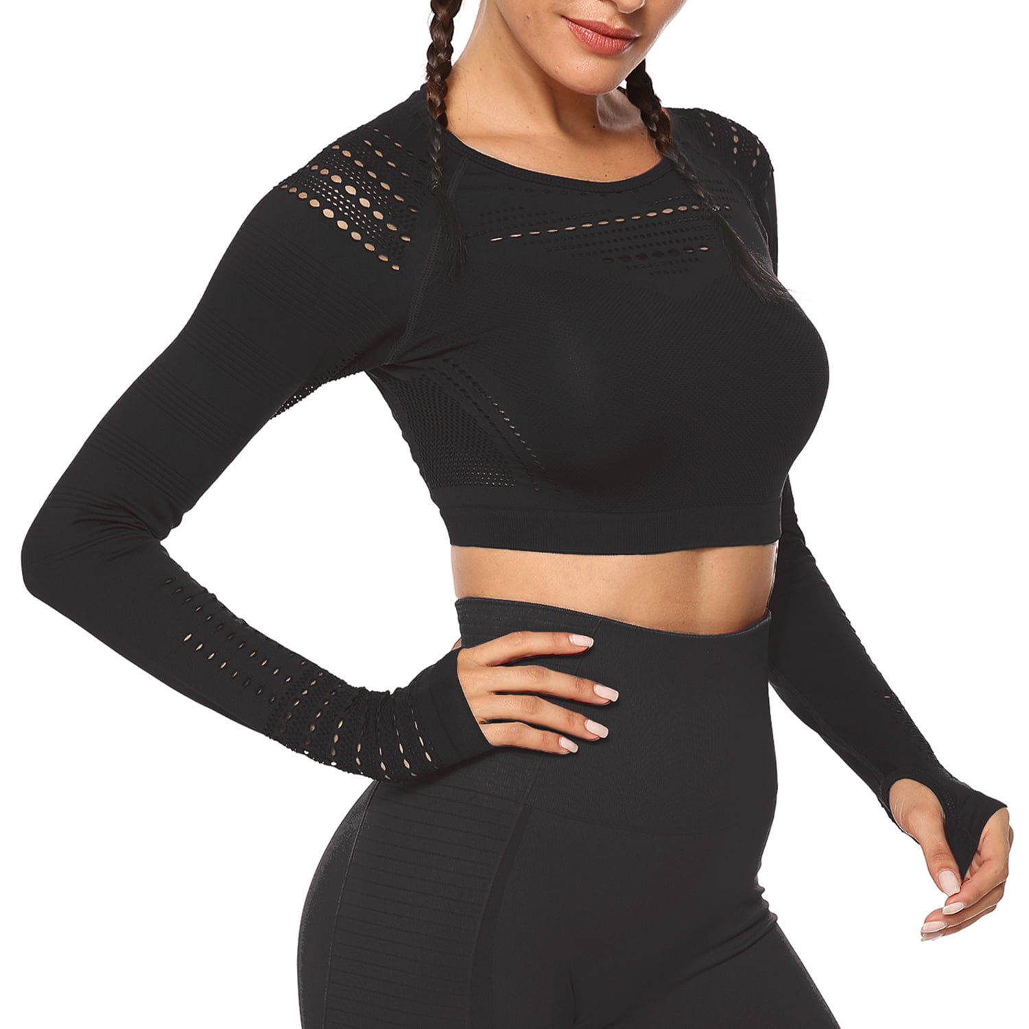 Bestisun Long Sleeve Workout Shirt Cross Back Cute Cropped Running Workout Athletic Tops for Women Thumb Hole 