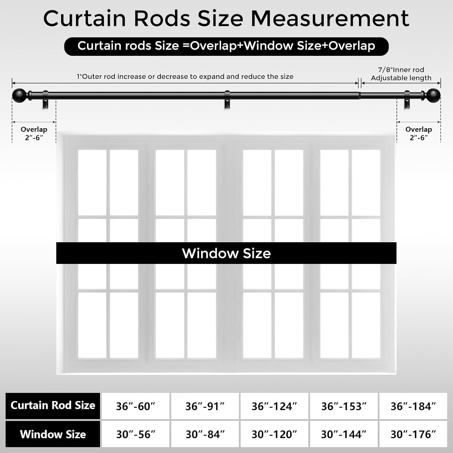 UniMall 2 Pack Curtain Rods 48 to 84 Inch, Black 1 Inch Adjustable Heavy Duty Curtain Rods for Windows, Decorative Modern Window Treatment Rod, Splicing Metal Drapery Pole, Easy Installation