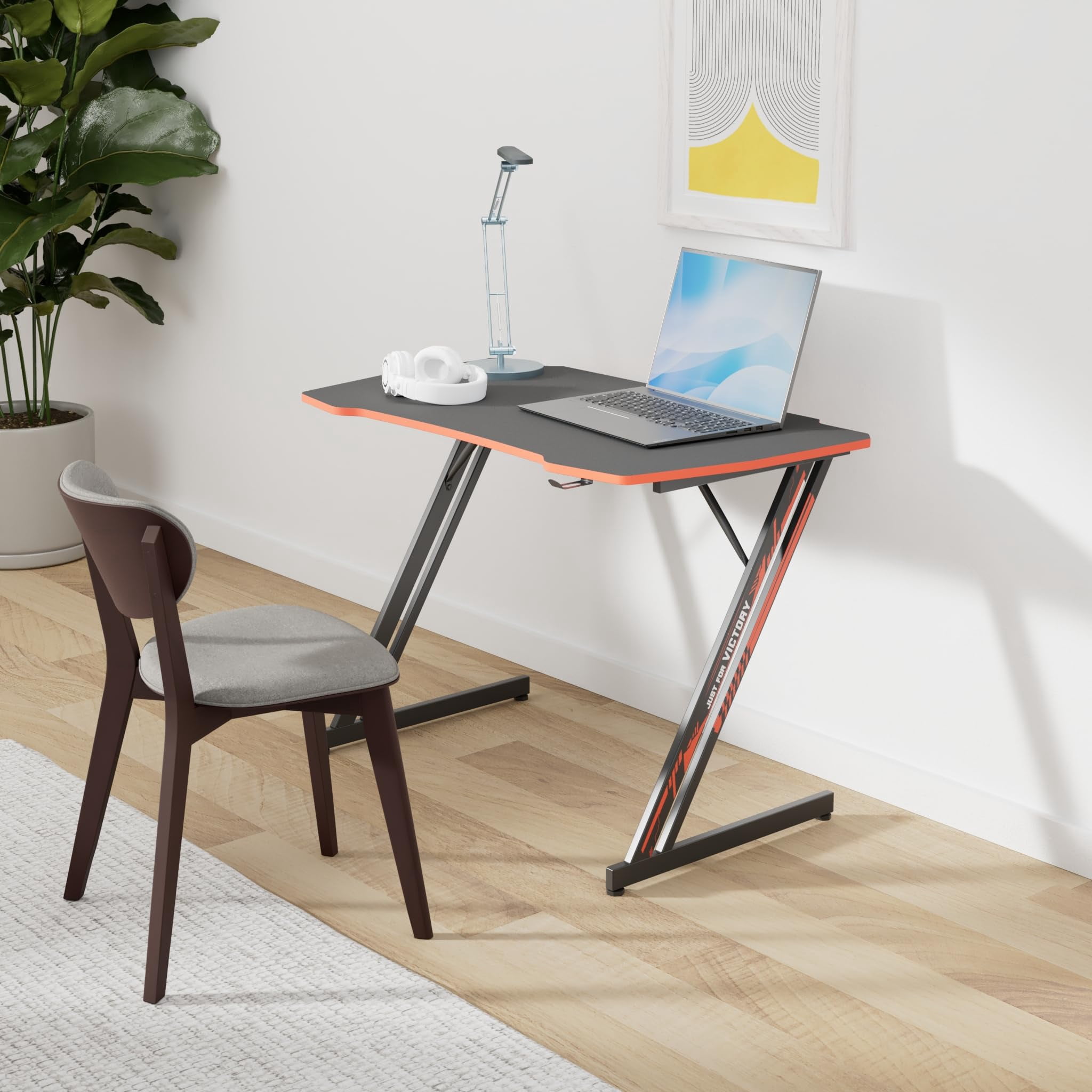 PayLessHere 47 Inch Modern Z-Shaped Gaming Desk with Headphone Hook,Red