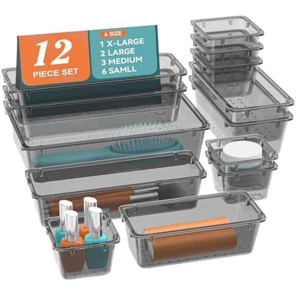 12-Piece Drawer Organizer Set, 4 Sizes Versatile Plastic Vanity Organizer for Makeup, Stationery, Gadgets, in Kitchen, Bathroom, Office, and Bedroom, Black