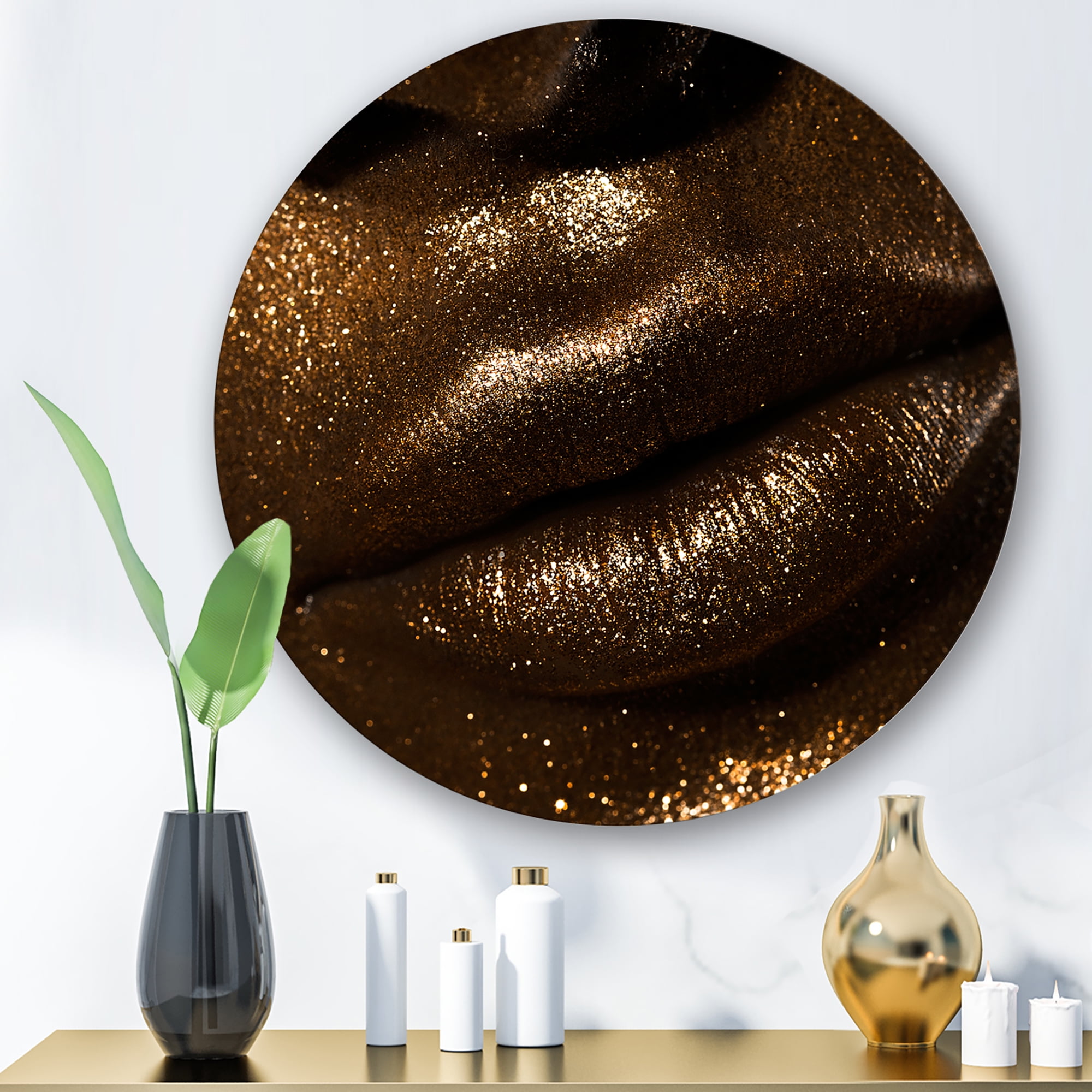 Designart 'Girl Lips With Glitter and Spangle' Modern Circle Metal Wall Art 23x23 - Disc of 23
