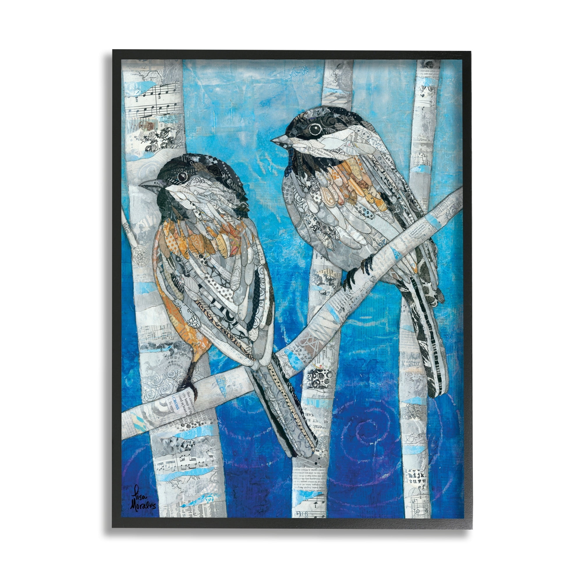 Stupell Industries Chickadees Perched Layered Ephemera Animal Birds Collage Painting Gray Framed Art Print Wall Art, Design by Lisa Morales