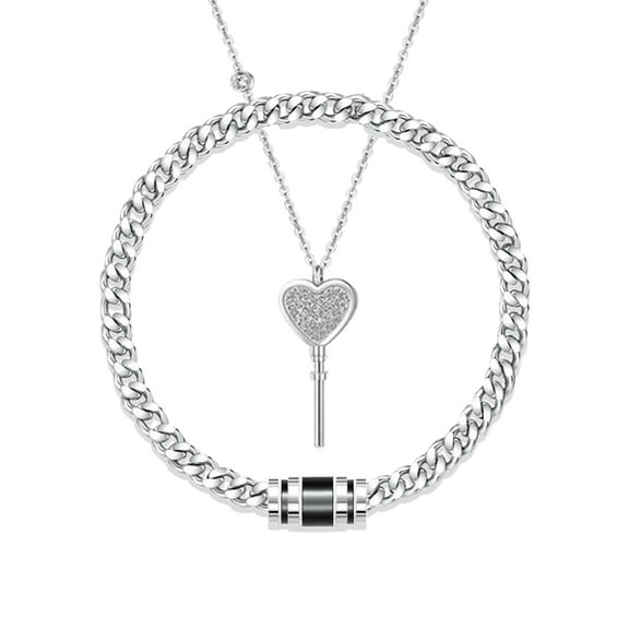 2pcs Fashion Lock Charm Metal Chain Bangle Stainless Steel Heart Key Pendant Necklace Couple Matching Jewelry