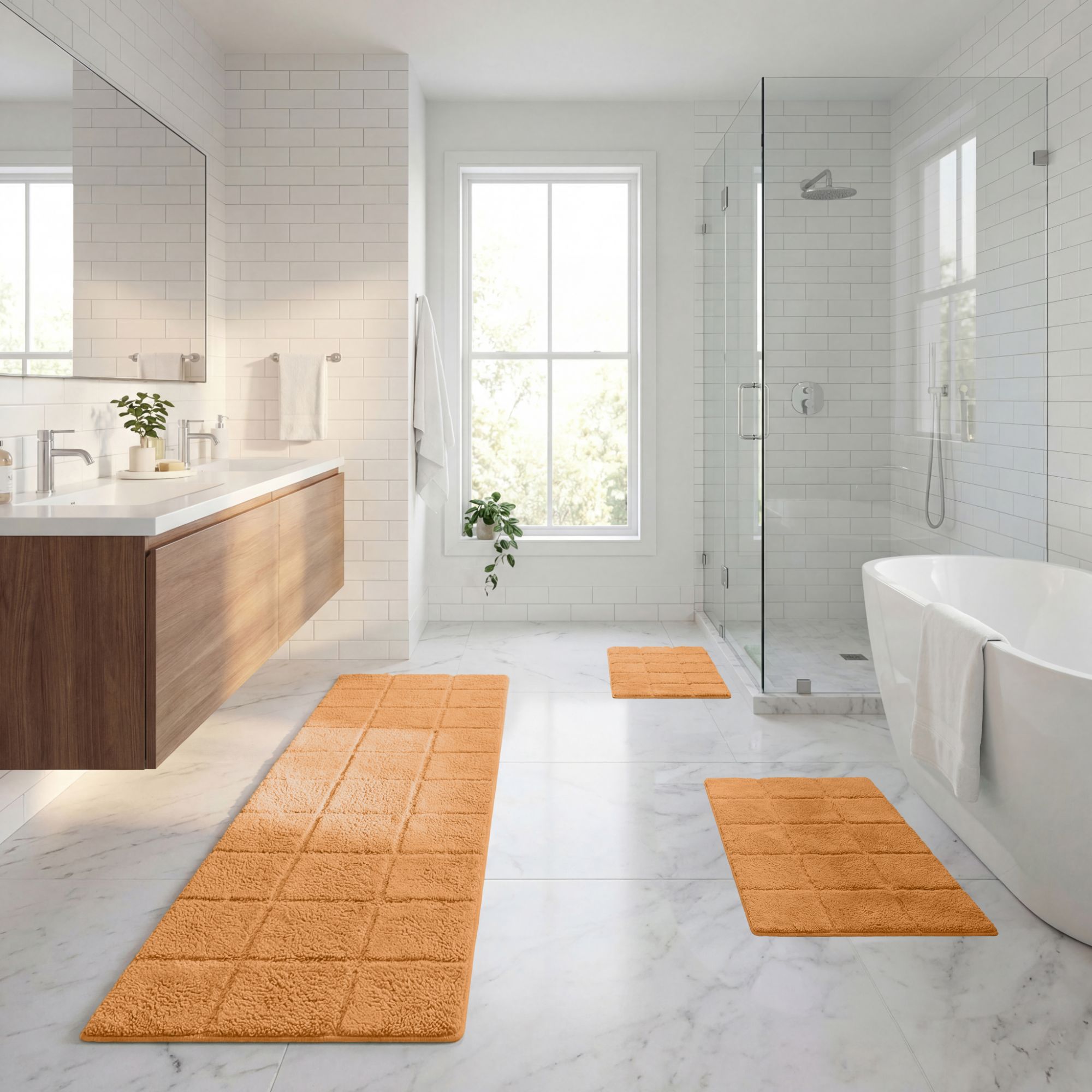Superior Checkered Non-Slip Cotton 3-Piece Bath Rug Set with Runner, Rust