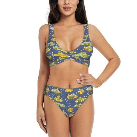 Zeuib Cartoon Submarines High Waisted Tummy Control Bikini Set - Knot Front Push Up Top & Cheeky Thong Bottom  Two-Piece Swimsuit for Women-X-Large