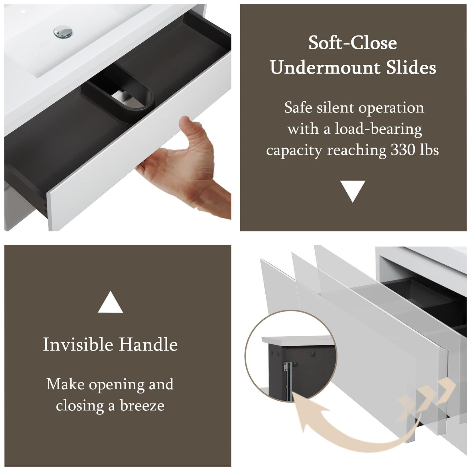 Demi Bonn 36" Floating Bathroom Vanity with Sink, Resin Top Basin and 2 Soft Close Drawers, Faucets and Drains Not Included, White