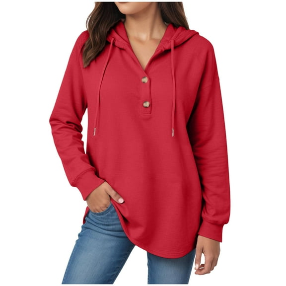 larppty Women's Hoodies Buttons Collar Hooded Sweatshirts Drawstring Casual Pullover Tops 2025 Fall Outfits (Red, XL)