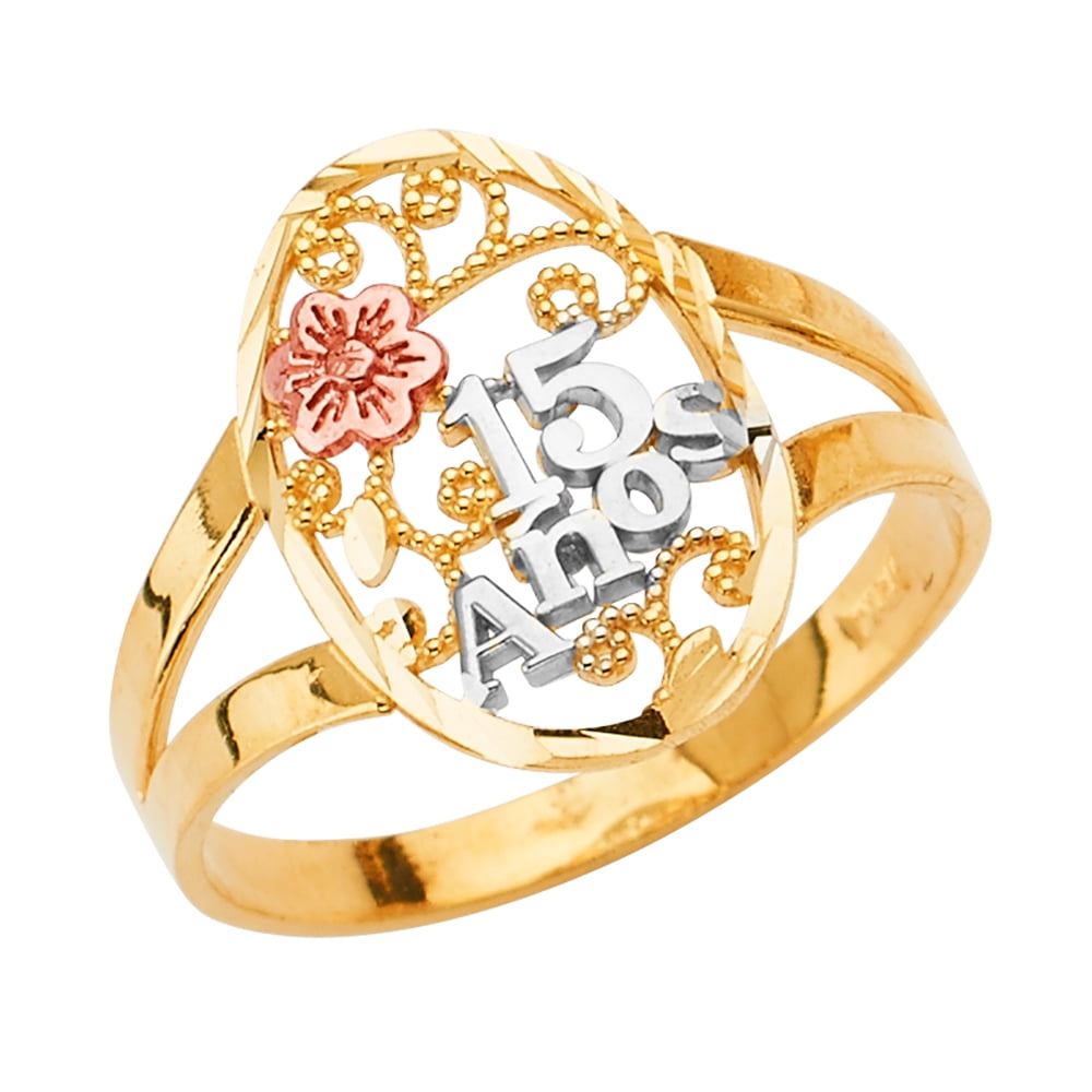 14K Solid Two Tone Color Gold Quince Anos Sweet 15 Birthday Quinceanera Ring 