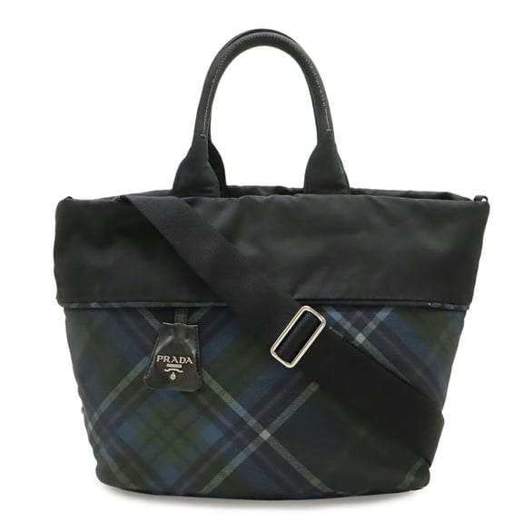 Pre-Owned PRADA Tote Bag Shoulder Reversible Check Nylon Black Blue Multicolor BR4521