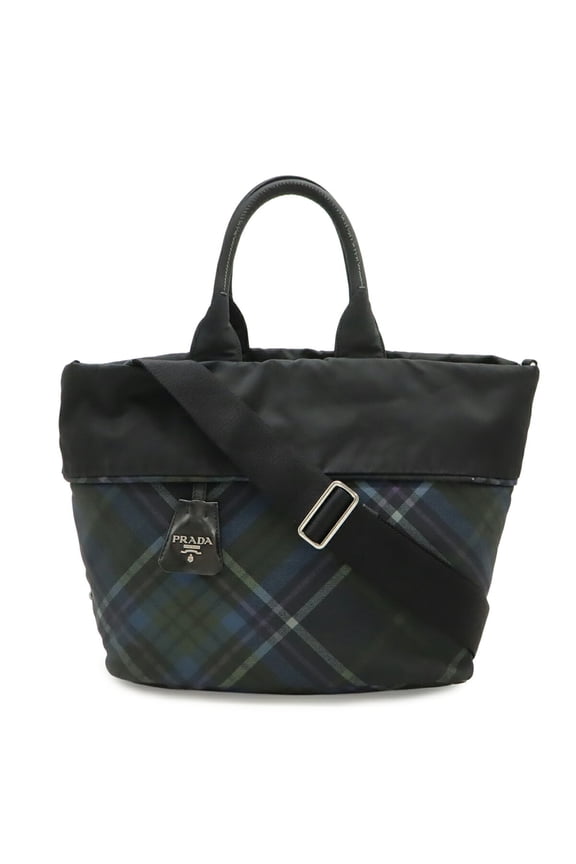 Pre-Owned PRADA Tote Bag Shoulder Reversible Check Nylon Black Blue Multicolor BR4521