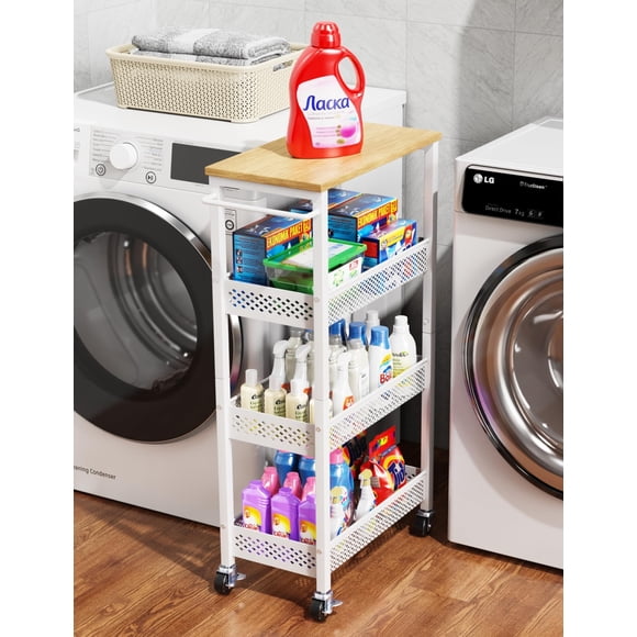 Carrito utilitario OKZEST de 4 niveles, delgado, de metal con cubierta de madera